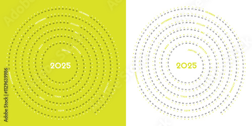 Calendrier 2025 en Français, Design Créatif, Forme Spirale, Coloré et Modifiable, Couleur jaune