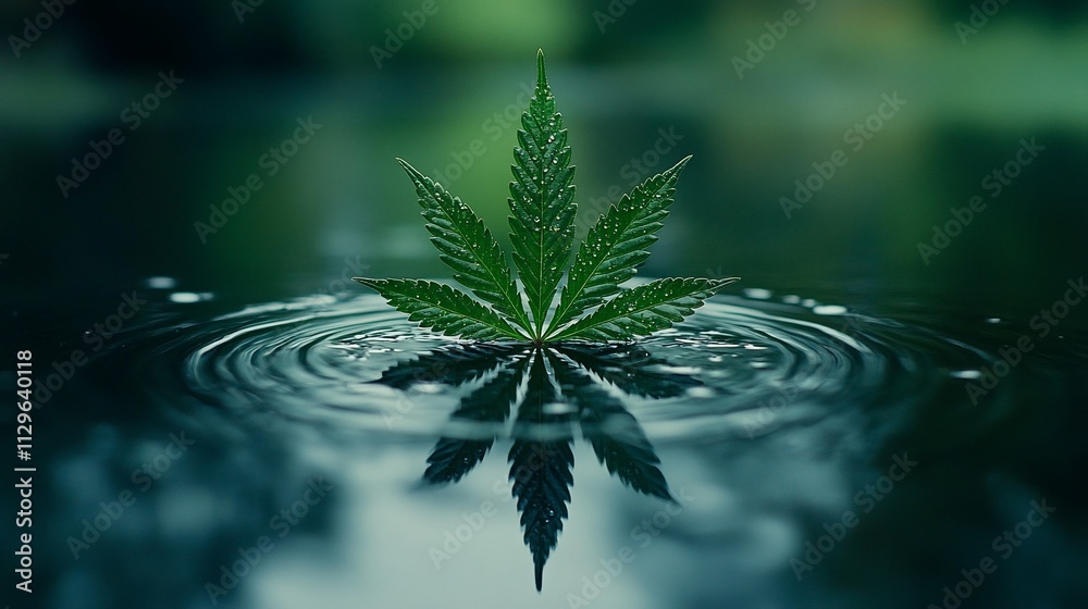 Obraz premium Cannabis leaf floating on calm water, reflecting perfectly.