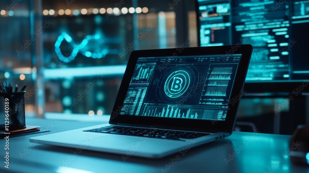 Minimalist Workspace with Blockchain Project, showcasing a sleek desk, open laptop, and essential tech tools, highlighting the role of innovation in contemporary business environments. Minimalist Workspace with Blockchain Project, showcasing a sleek desk, open laptop, and essential tech tools, highlighting the role of innovation in contemporary business environments.