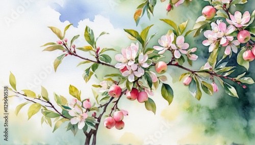 Blossoms of spring awaken with vibrant colors in a watercolor illustration filled with fresh life and renewal