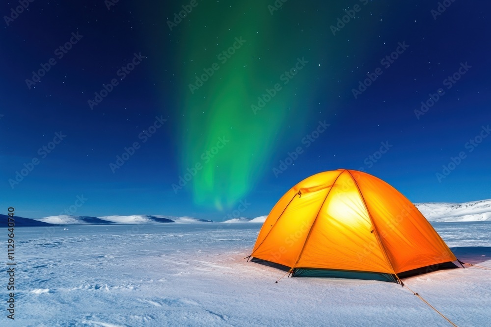 Glowing tent stands on a snowy plain under the vibrant Aurora Borealis illuminating the night sky Glowing tent stands on a snowy plain under the vibrant Aurora Borealis illuminating the night sky