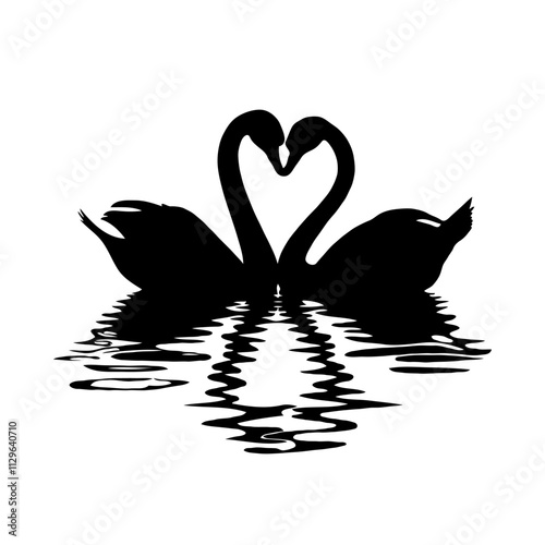 Two swans forming heart shape with reflections on water in black silhouette.