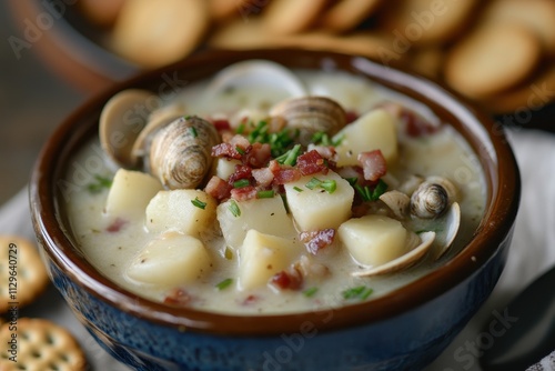 New England Clam Chowder Rich soup with soft clams potatoes and bacon accompanied by oyster crackers for a traditional coastal meal photo