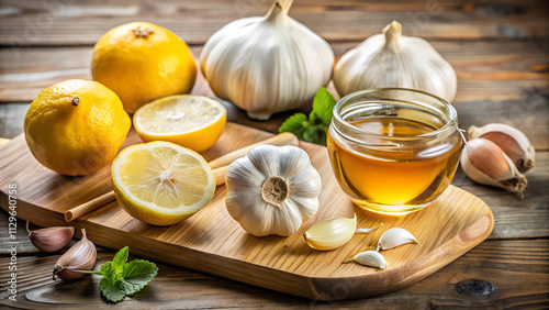  Fresh immunity-boosting ingredients like garlic cloves, honey, and lemon arranged on a wooden board photo