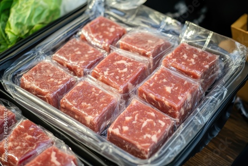 Newly ground meat on a plastic platter covered with wrap