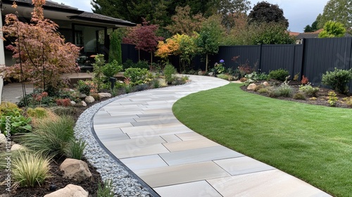 A tranquil pathway composed of stone slabs guides visitors through a beautifully landscaped garden with vibrant greenery and a modern black gate in the background