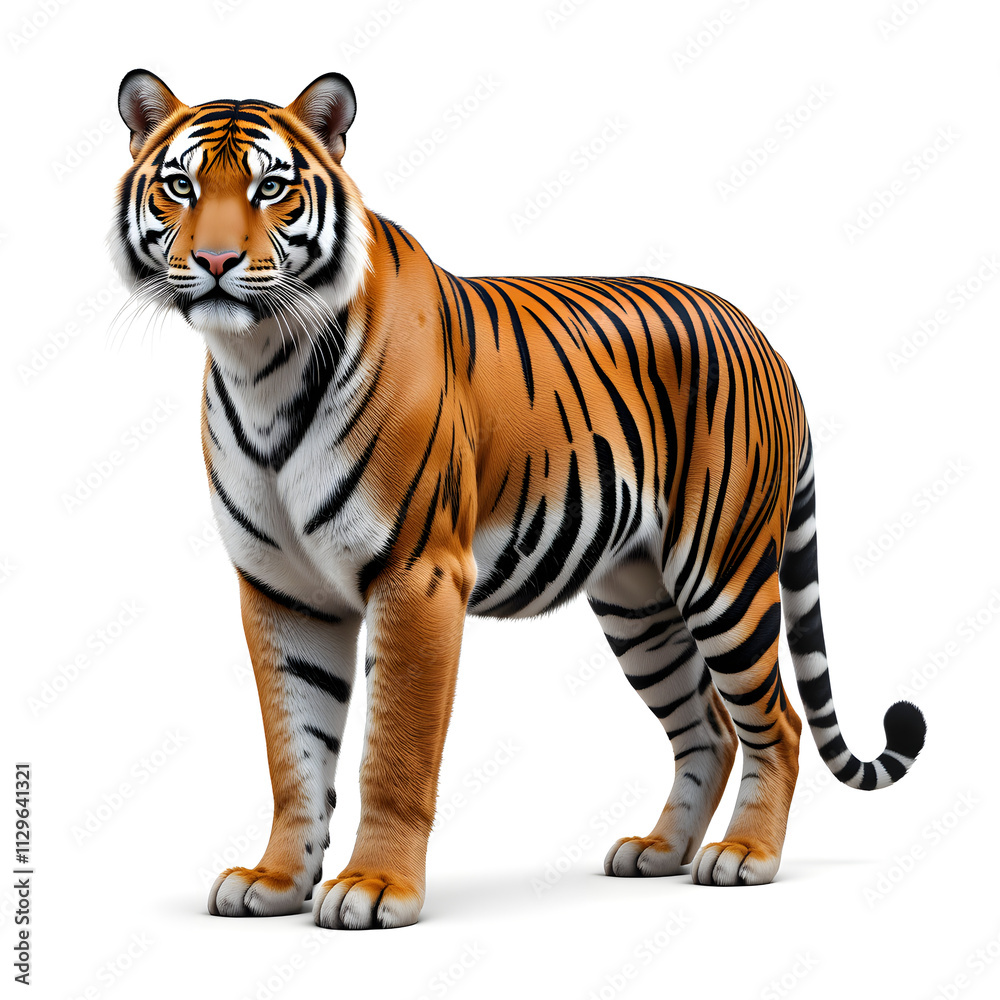 Obraz premium Tiger isolated on a white background, Side view, tiger standing full HD image generated by Ai. full body, realistic, full detail looking at the camera.