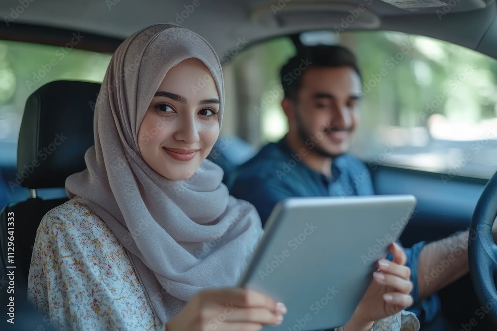 Fototapeta premium Muslim woman in hijab guides husband using digital map.