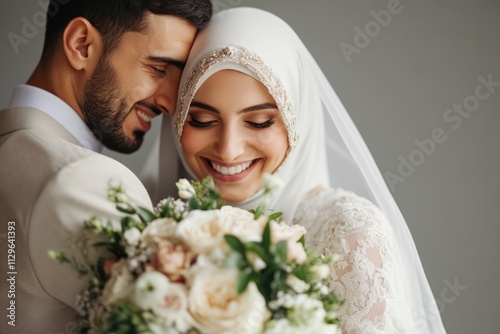 Muslim groom hugging happy bride in wedding attire  isolated.