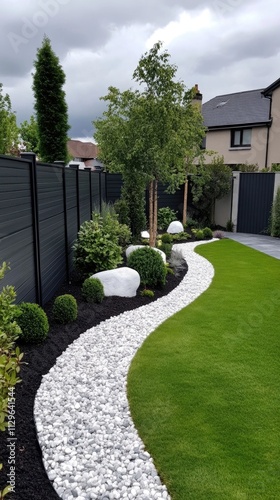 Wallpaper Mural A tranquil pathway composed of stone slabs guides visitors through a beautifully landscaped garden with vibrant greenery and a modern black gate in the background Torontodigital.ca