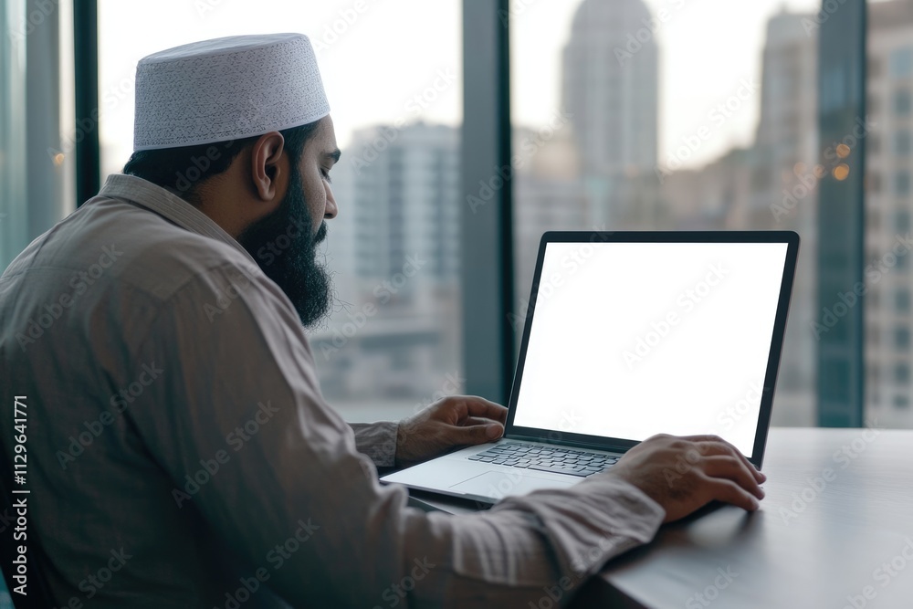 Middle Eastern man using laptop with blank screen. Middle Eastern man using laptop with blank screen.