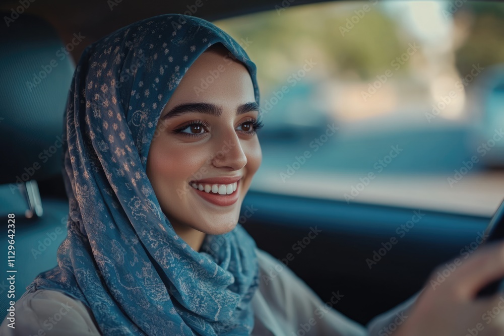Excited woman in hijab shares good news with partner in car embarking on journey together. Excited woman in hijab shares good news with partner in car embarking on journey together.