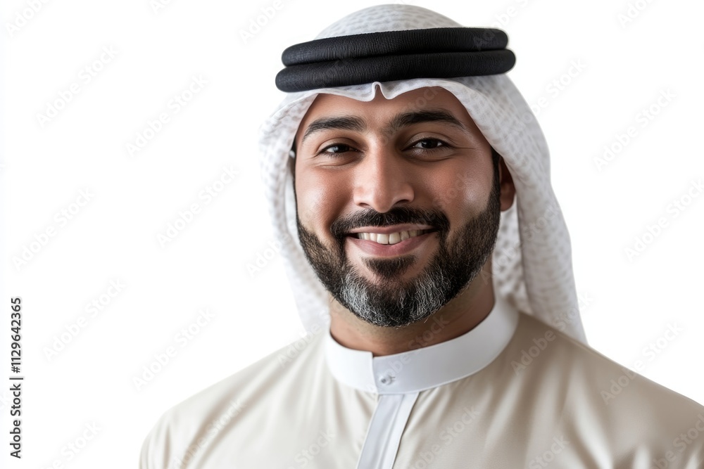 Happy Arab man in traditional clothing isolated on white background. Happy Arab man in traditional clothing isolated on white background.