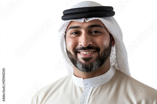 Happy Arab man in traditional clothing isolated on white background.