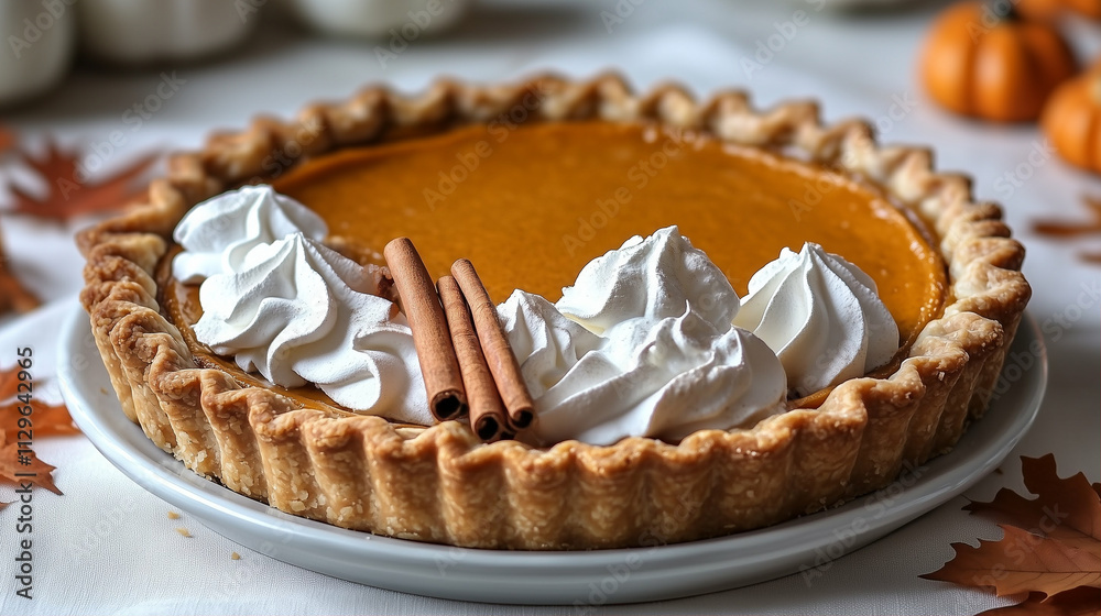 Pumpkin pie dessert with whipped cream and cinnamon sticks on a plate Pumpkin pie dessert with whipped cream and cinnamon sticks on a plate