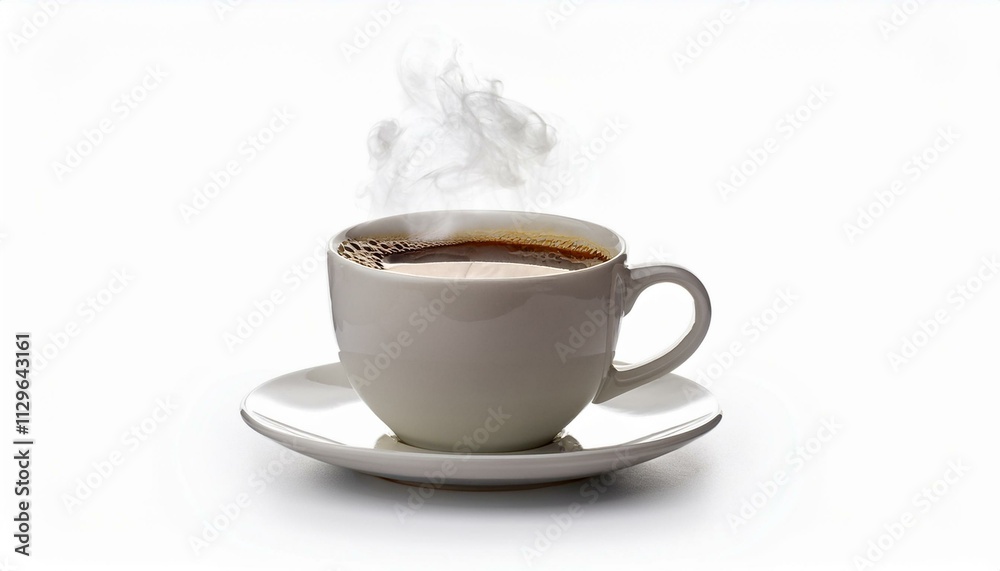 A steaming cup of coffee on a saucer.