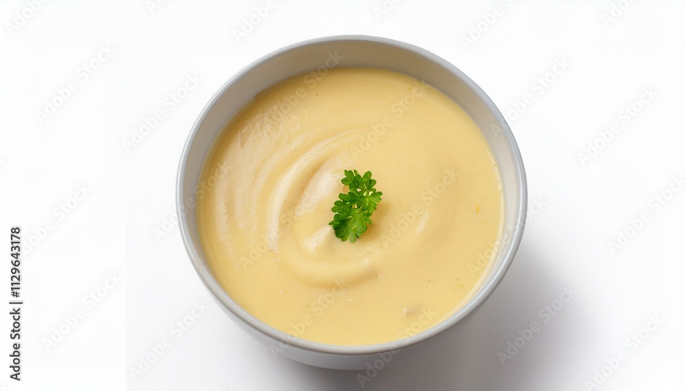 Creamy, pale yellow soup in a bowl, garnished with a sprig of parsley. Creamy, pale yellow soup in a bowl, garnished with a sprig of parsley.