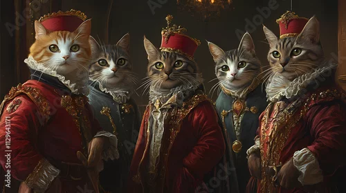 Obraz Renaissance feline chronicles, whimsical cats dressed in renaissance attire, set against a dark sci-fi fantasy backdrop, blending horror and whimsy for graphic novel appeal. Chronicle. Illustration