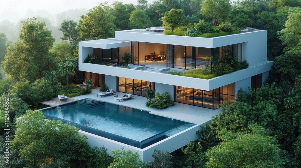 Fototapeta premium Modern house with pool in lush greenery.
