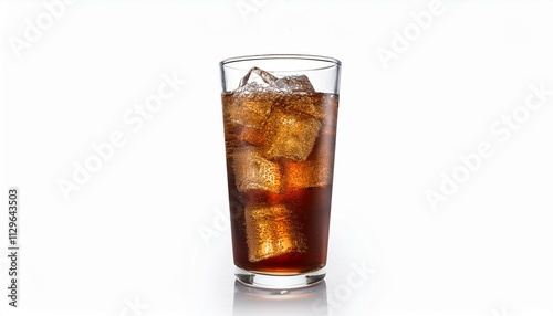 Refreshing brown soda with ice in a tall glass.