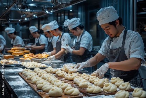 A team of bakers in uniforms skillfully shaping dough in a professional kitchen, preparing freshly baked bread with precision and teamwork.