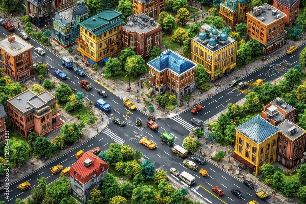 Fototapeta premium Vibrant street scene with colorful houses, cars, and pedestrians surrounded by trees, showing harmonious integration of urban life and nature.