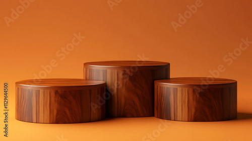 Three wooden logs are arranged in a row on an orange background. The logs are of different sizes and are placed in a way that they appear to be stacked on top of each other