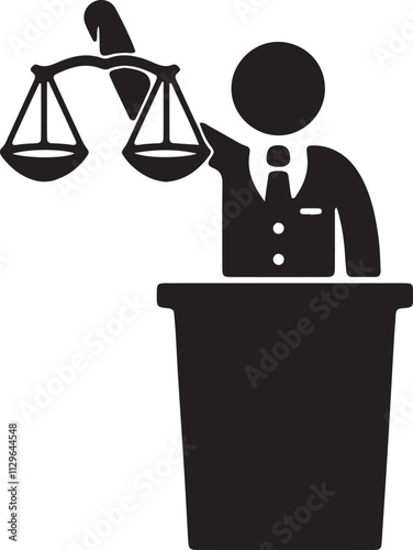 Illustration of a silhouette icon featuring a stickman standing on a podium, raising a scale in their hand