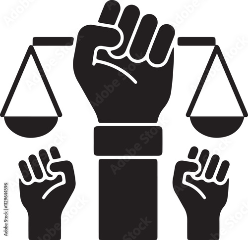 Illustration of a silhouette icon featuring three hands, one of which is holding a weighing scale in the center