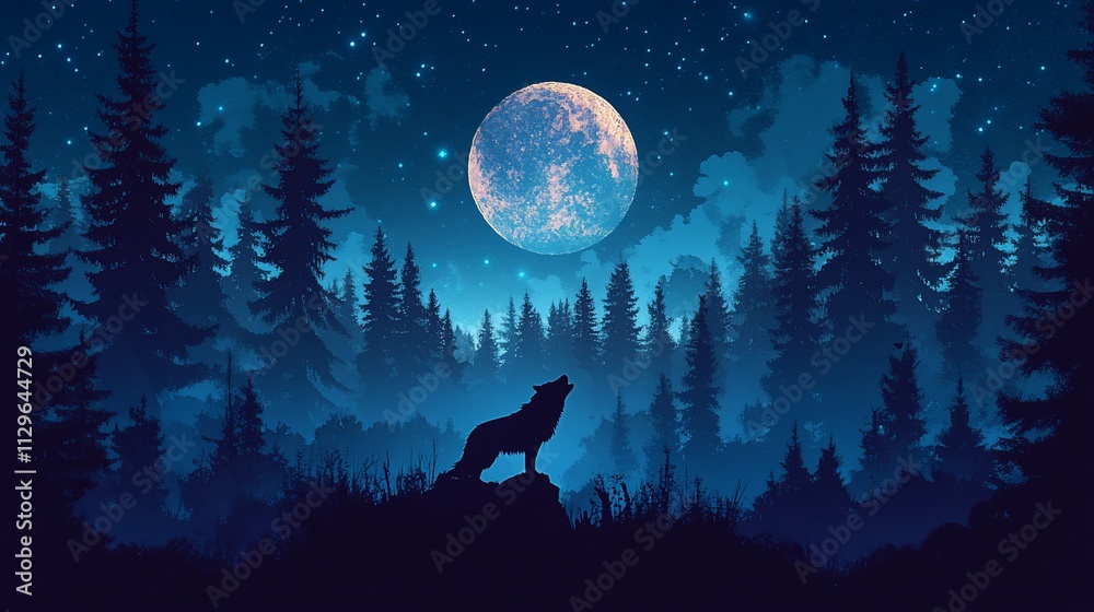 Fototapeta premium Wolf howling at a large full moon in a dark forest at night.
