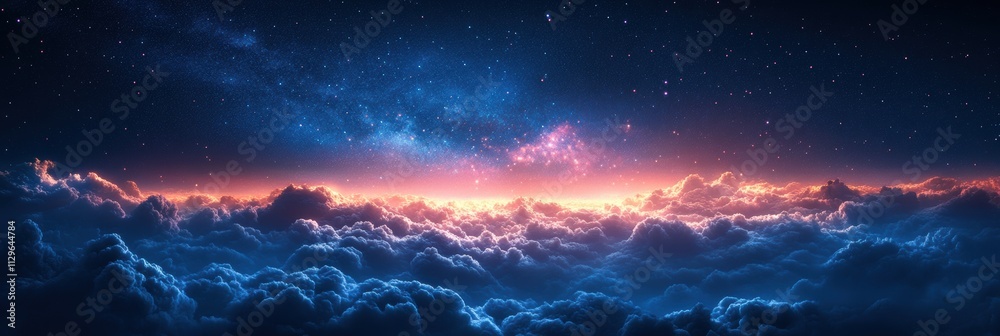 Naklejka premium Aurora Borealis Nightscape Over Cloudy Landscape, Serene and Majestic Digital Composite