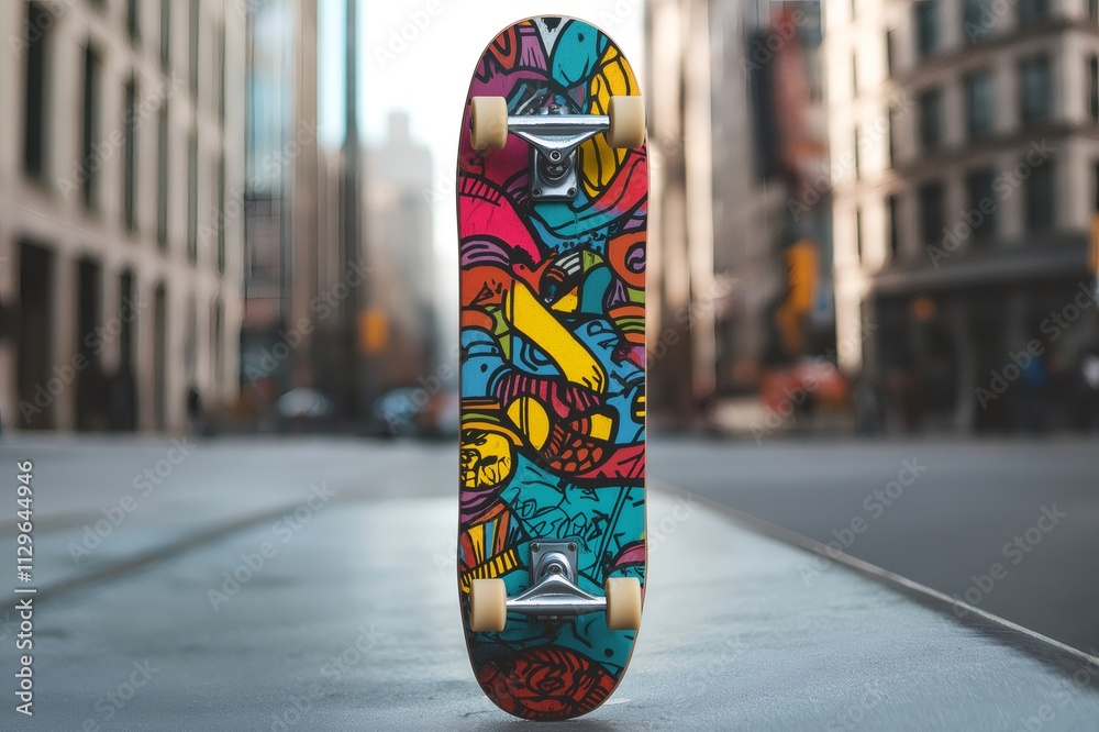 Fototapeta premium Customizable street art skateboard deck mockup standing upright on a vibrant city street, showcasing colorful designs and urban culture