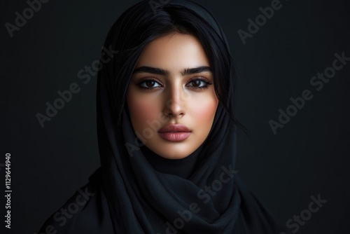 Beautiful middle eastern woman wearing abaya posing in studio for hijab fashion portraits