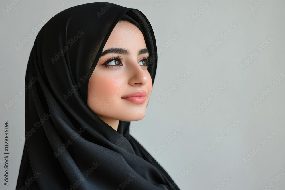 Beautiful young Arab woman in black hijab posing sideways. Beautiful young Arab woman in black hijab posing sideways.