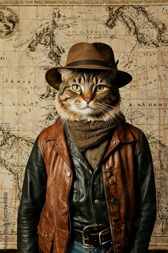 Claws of Adventure: The Feline Indiana Jones Sporting Vintage Clothing and Solving the Mysteries of Old Maps and Ancient Treasures, cat portrait Claws of Adventure: The Feline Indiana Jones Sporting Vintage Clothing and Solving the Mysteries of Old Maps and Ancient Treasures, cat portrait