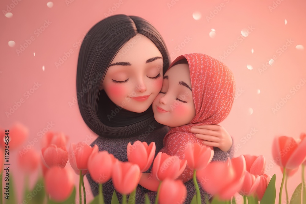 Young girl embraces Muslim mother with tulips on pink background. Young girl embraces Muslim mother with tulips on pink background.