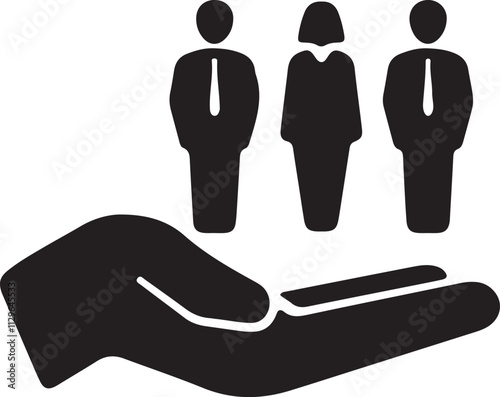 Illustration of a silhouette icon featuring an upturned hand holding three stick figures wearing ties, with a woman in the center