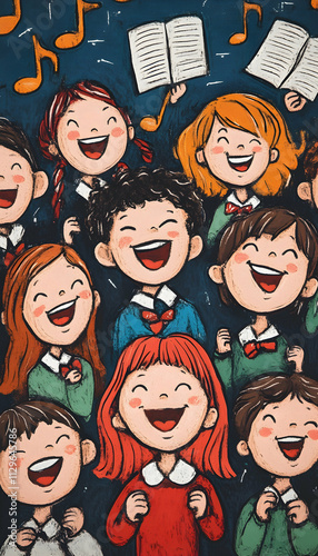 a lively classroom choir of schoolchildren joyfully singing together, radiating energy and enthusiasm  -