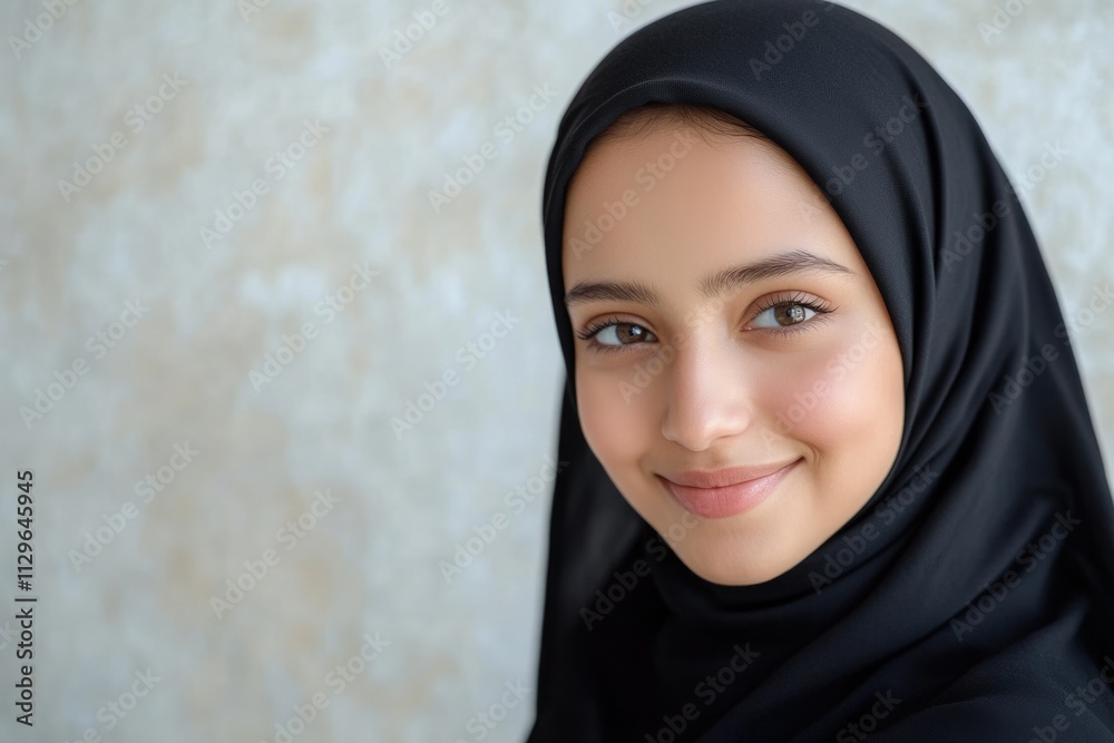 Smiling Arabian girl in black hijab on light background. Smiling Arabian girl in black hijab on light background.