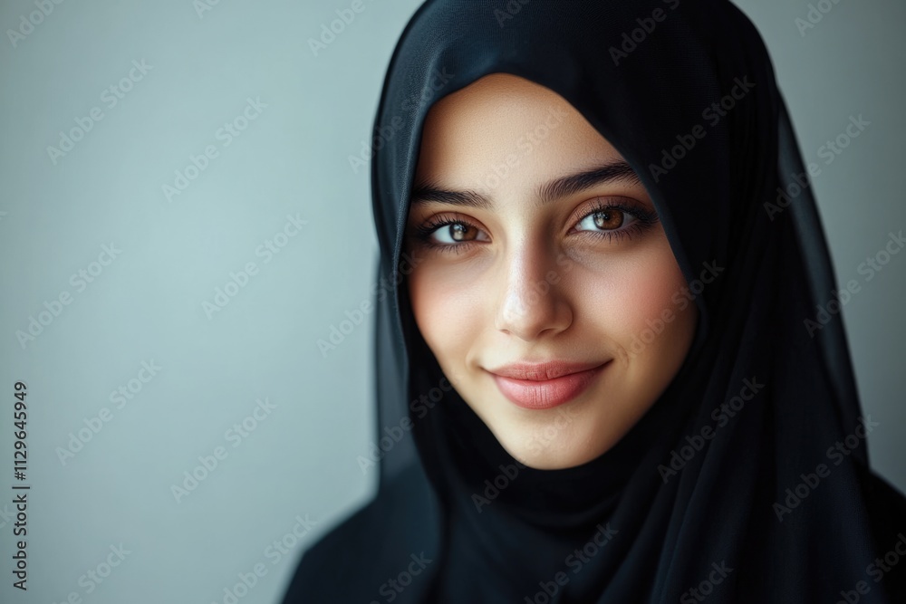 Smiling Arabian girl in black hijab on light background. Smiling Arabian girl in black hijab on light background.