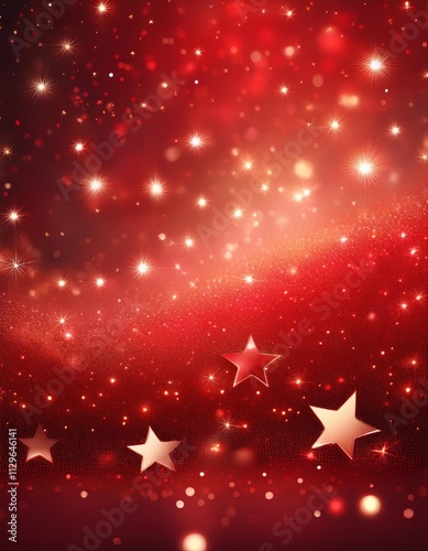 Red christmas glitter background with stars. Festive glowing blurred texture.