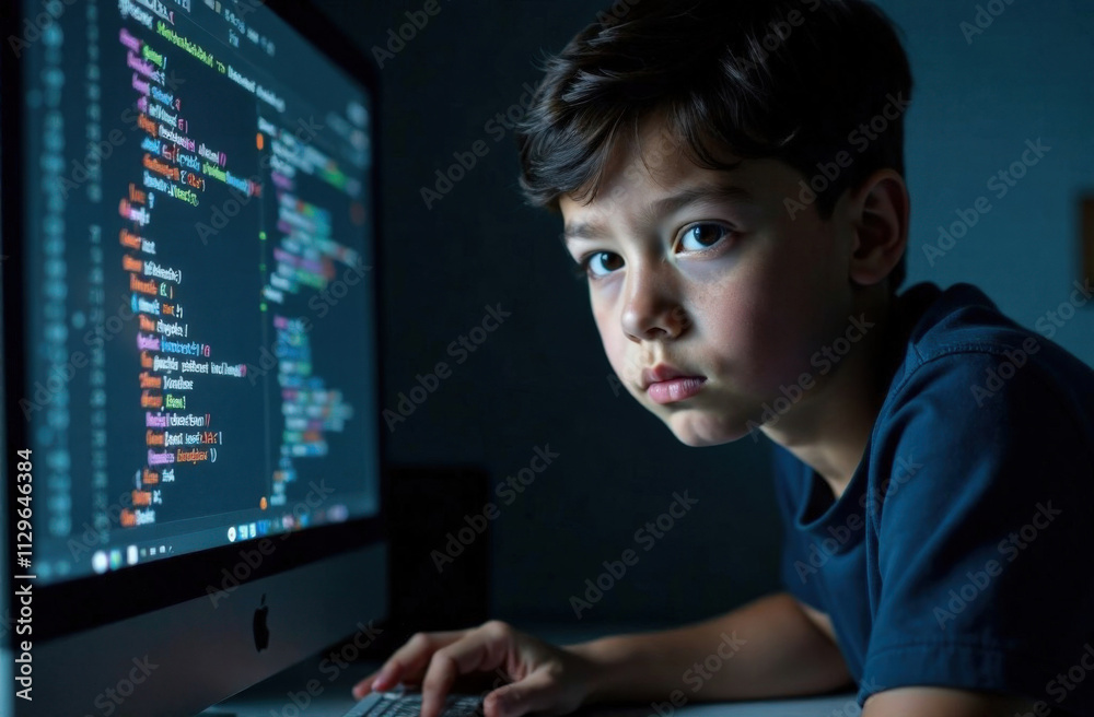 A young boy focused on coding, sitting at a computer in a dimly lit room. The screen displays colorful code. Concept of technology, learning, and programming