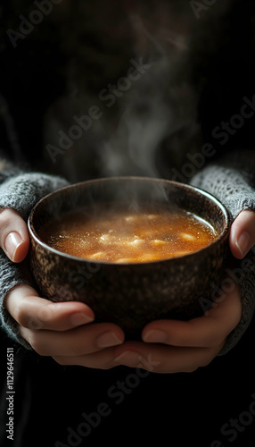 a person holding a steaming bowl of soup with hands wrapped around it  -