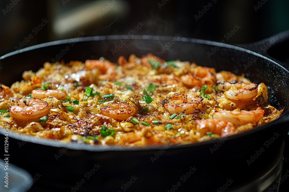Delicious shrimp dish prepared in a cast iron skillet with fresh herbs and spices on a rustic kitchen countertop. Generative AI Delicious shrimp dish prepared in a cast iron skillet with fresh herbs and spices on a rustic kitchen countertop. Generative AI