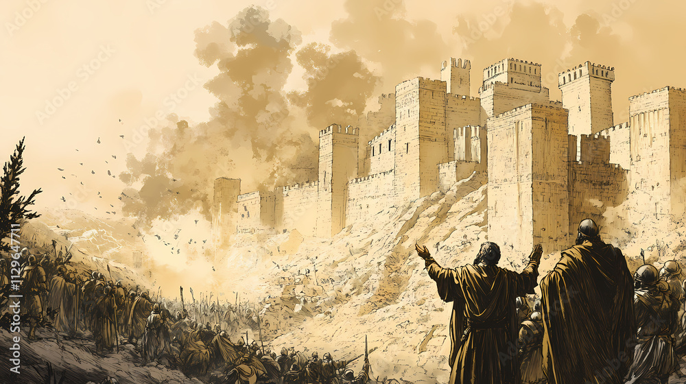 Fototapeta premium Biblical illustration of king jehoash capturing amaziah in chronicles, bringing him to jerusalem and partially destroying the city walls, beige background. Chronicle. Illustration