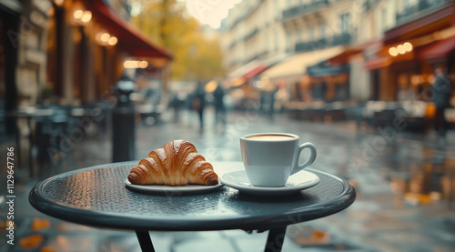 Enjoying coffee and croissant at a Parisian cafÃ© on a rainy day in autumn photo