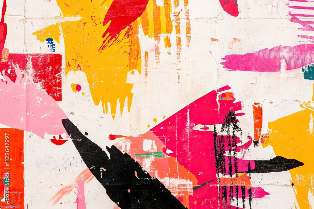 Fototapeta premium Vintage punk zine cover showcases chaotic stencil illustrations and bold textures with high-contrast colors
