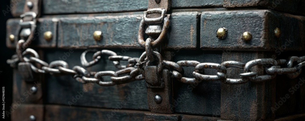 Wornout treasure chest locked tight with a chain, safeguarding currency reserves Wornout treasure chest locked tight with a chain, safeguarding currency reserves