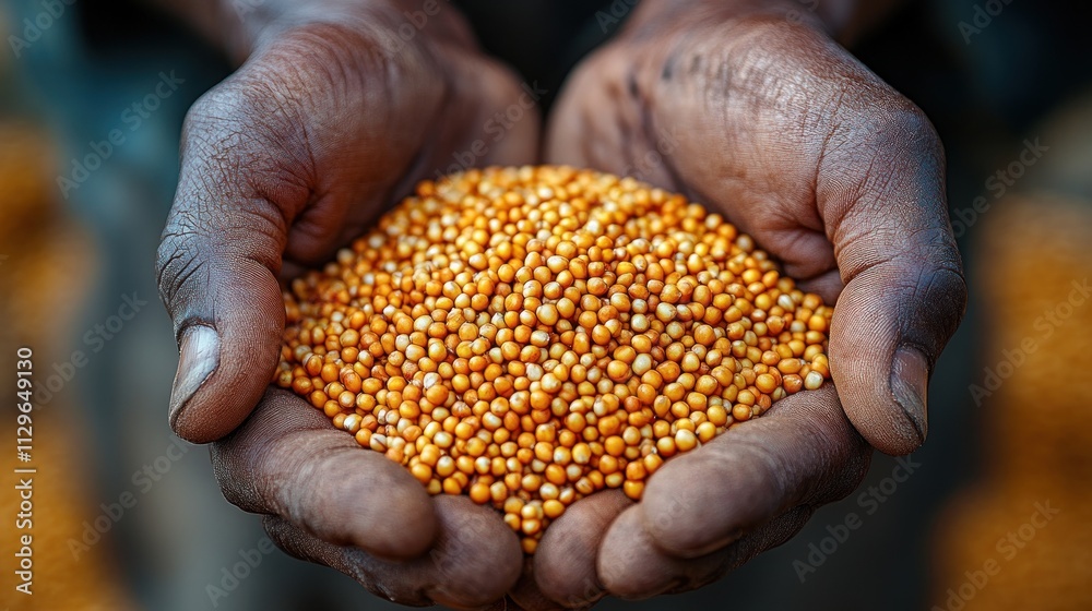 Hands holding a mound of golden seeds. Hands holding a mound of golden seeds.