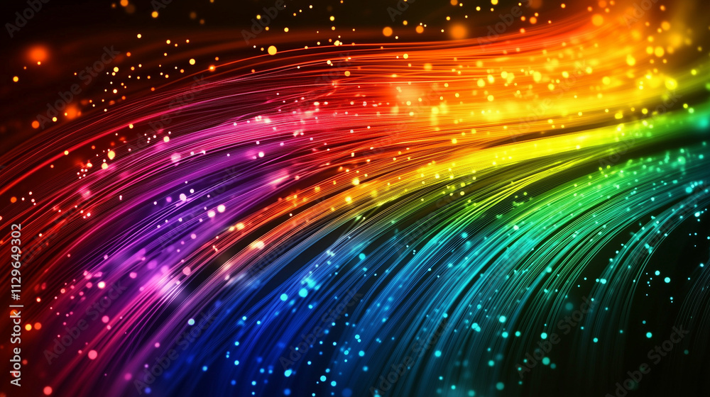 Fototapeta premium Vibrant rainbow light trails with sparkling particles creating a dynamic and colorful abstract design